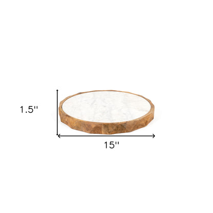 15" BROWN AND WHITE MARBLE AND SOLID WOOD ROUND CHEESE BOARD - Varnish & Vibe