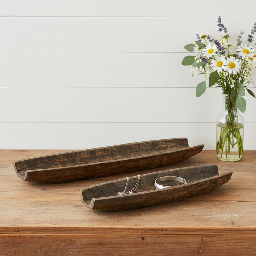 SET OF TWO DARK BROWN SOLID WOOD BOAT VANITY TRAYS