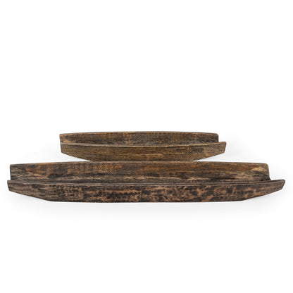 SET OF TWO DARK BROWN SOLID WOOD BOAT VANITY TRAYS