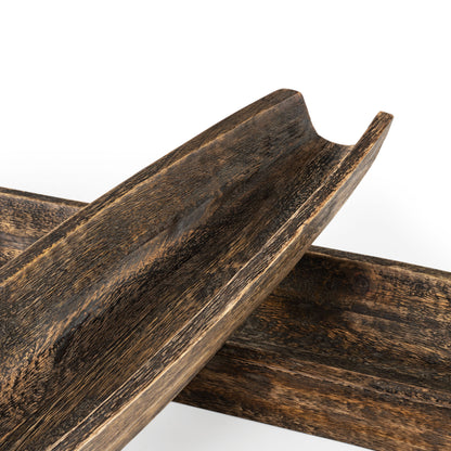 SET OF TWO DARK BROWN SOLID WOOD BOAT VANITY TRAYS