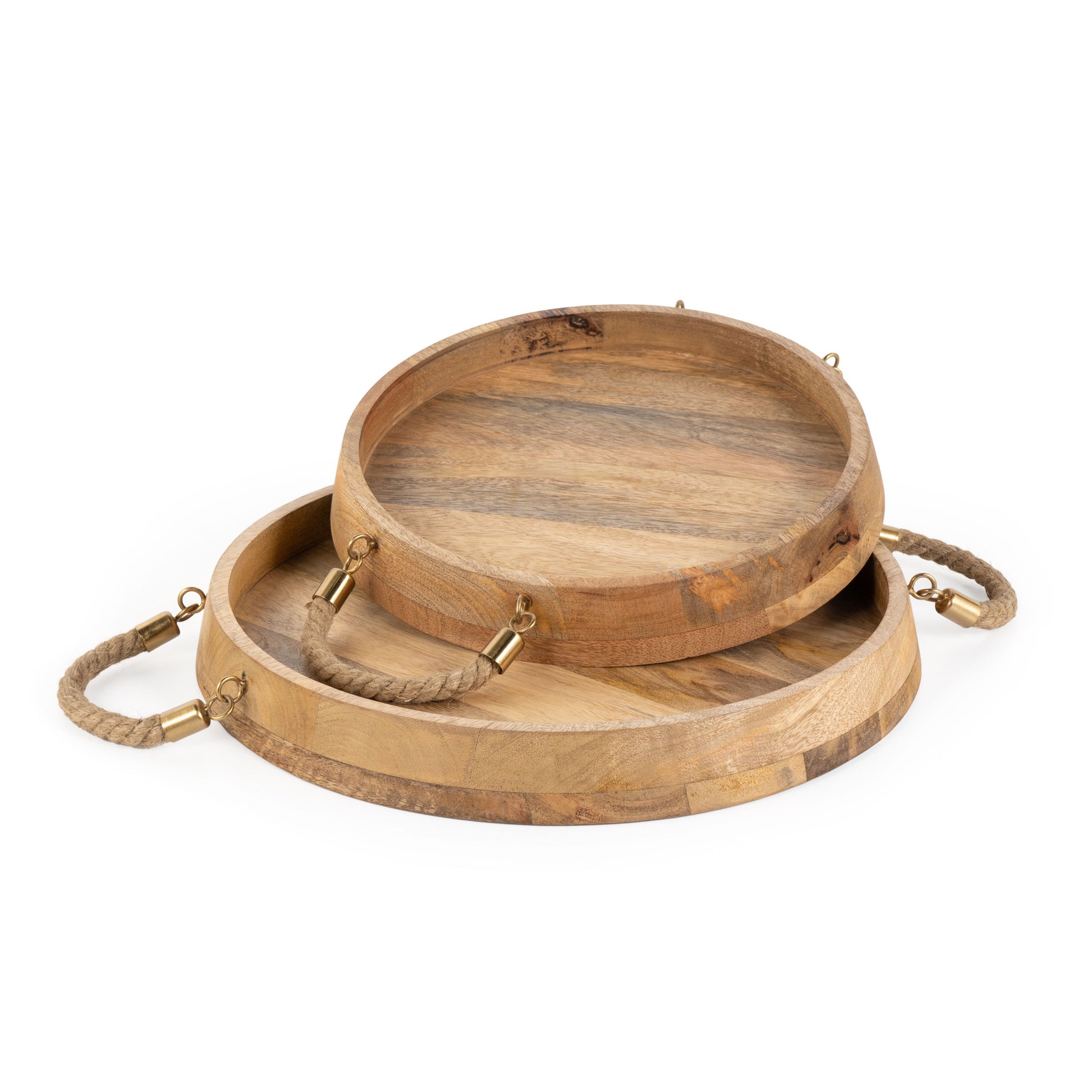 MALIBU SET OF TWO BROWN ROUND SOLID WOOD SERVING TRAYS WITH HANDLES - Varnish & Vibe