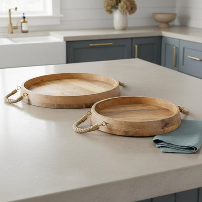 MALIBU SET OF TWO BROWN ROUND SOLID WOOD SERVING TRAYS WITH HANDLES - Varnish & Vibe