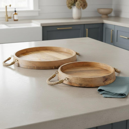 MALIBU SET OF TWO BROWN ROUND SOLID WOOD SERVING TRAYS WITH HANDLES - Varnish & Vibe