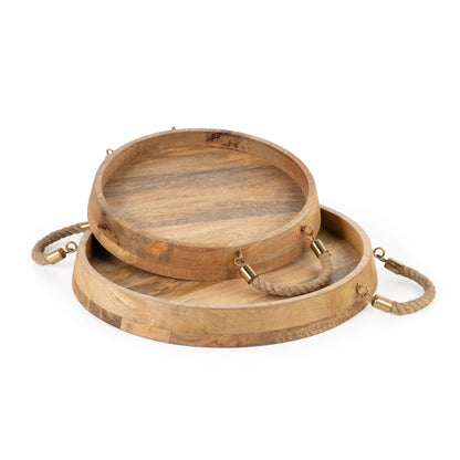 MALIBU SET OF TWO BROWN ROUND SOLID WOOD SERVING TRAYS WITH HANDLES - Varnish & Vibe