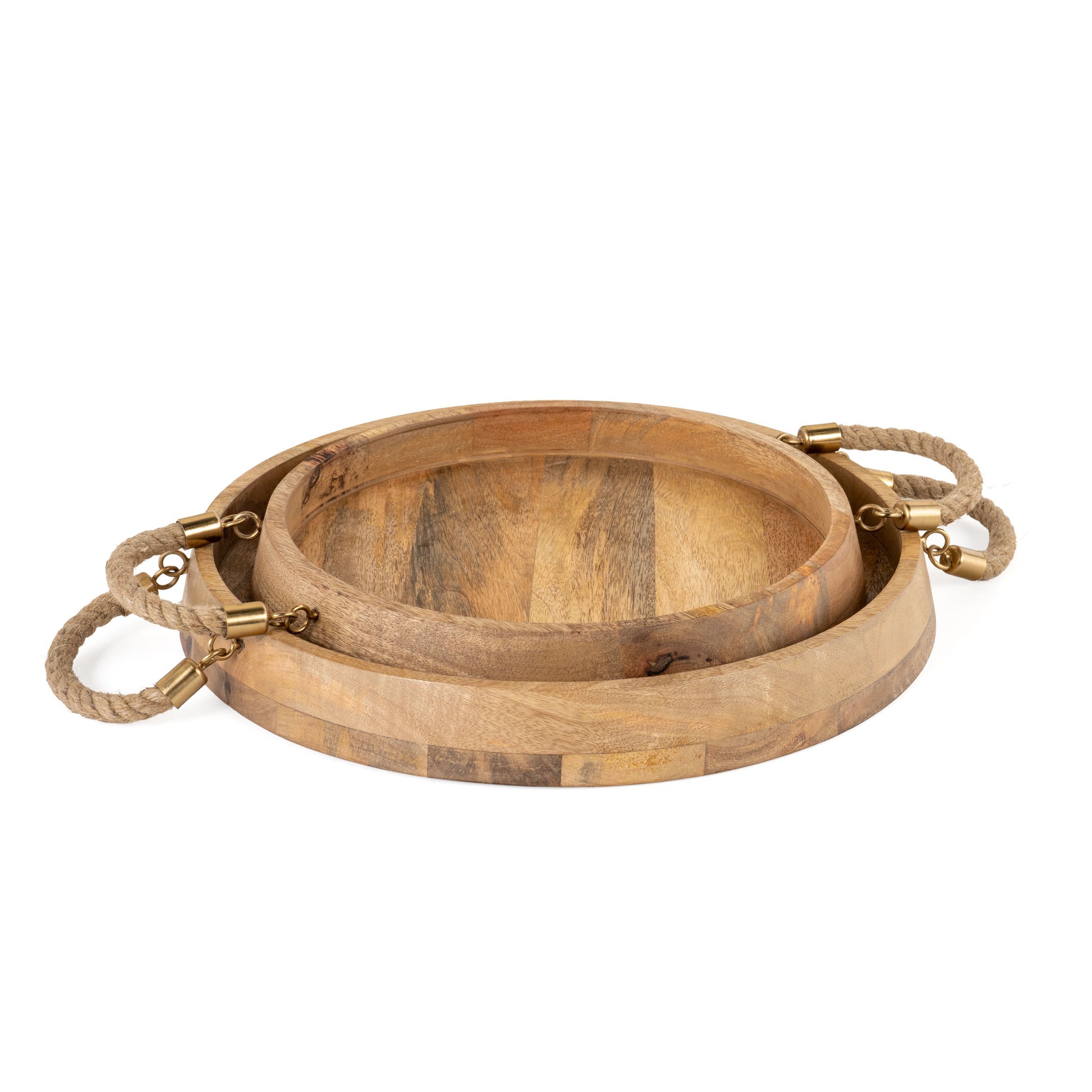 MALIBU SET OF TWO BROWN ROUND SOLID WOOD SERVING TRAYS WITH HANDLES - Varnish & Vibe