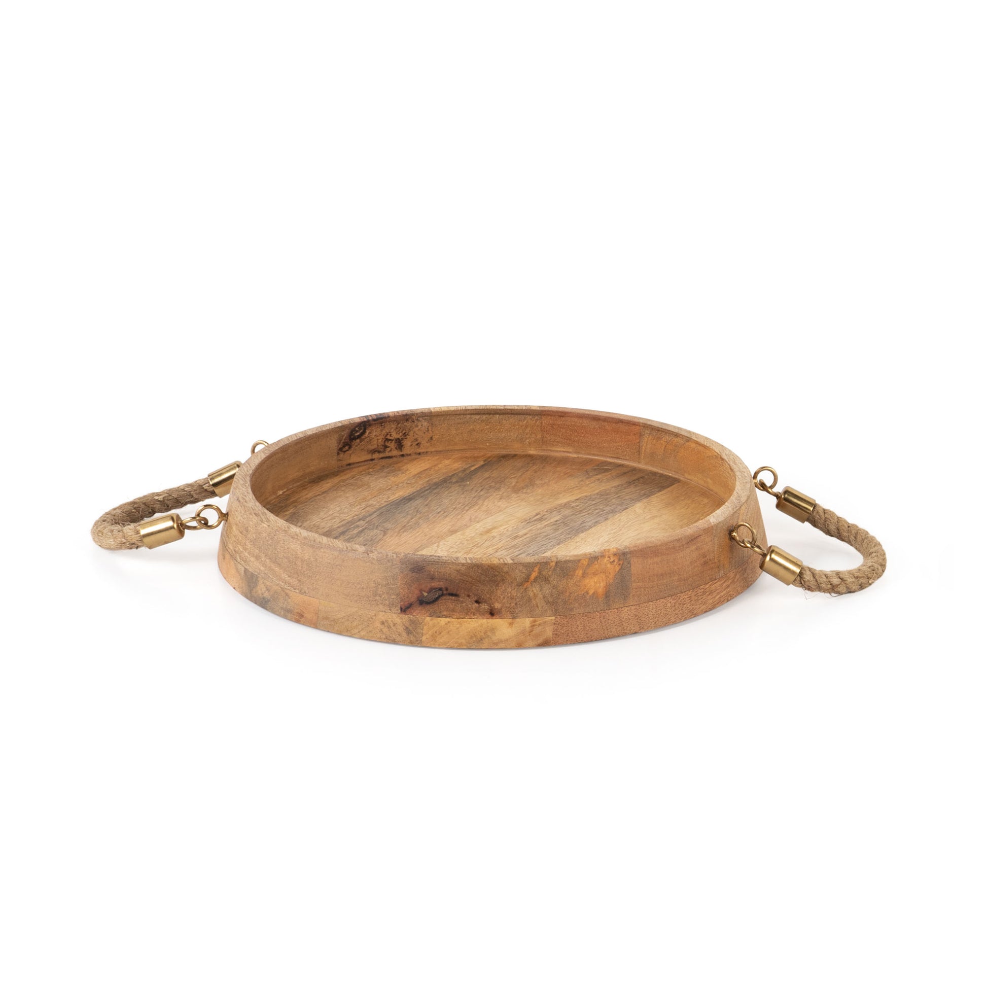 MALIBU SET OF TWO BROWN ROUND SOLID WOOD SERVING TRAYS WITH HANDLES - Varnish & Vibe