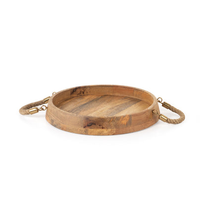 MALIBU SET OF TWO BROWN ROUND SOLID WOOD SERVING TRAYS WITH HANDLES - Varnish & Vibe