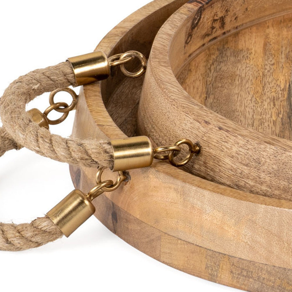 MALIBU SET OF TWO BROWN ROUND SOLID WOOD SERVING TRAYS WITH HANDLES - Varnish & Vibe