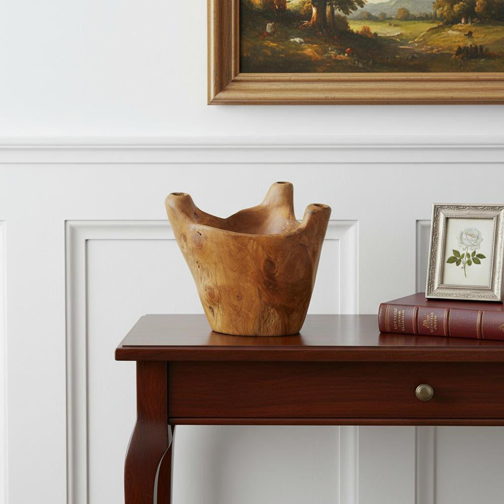 Wooden vase on a wooden table with a painting in the background