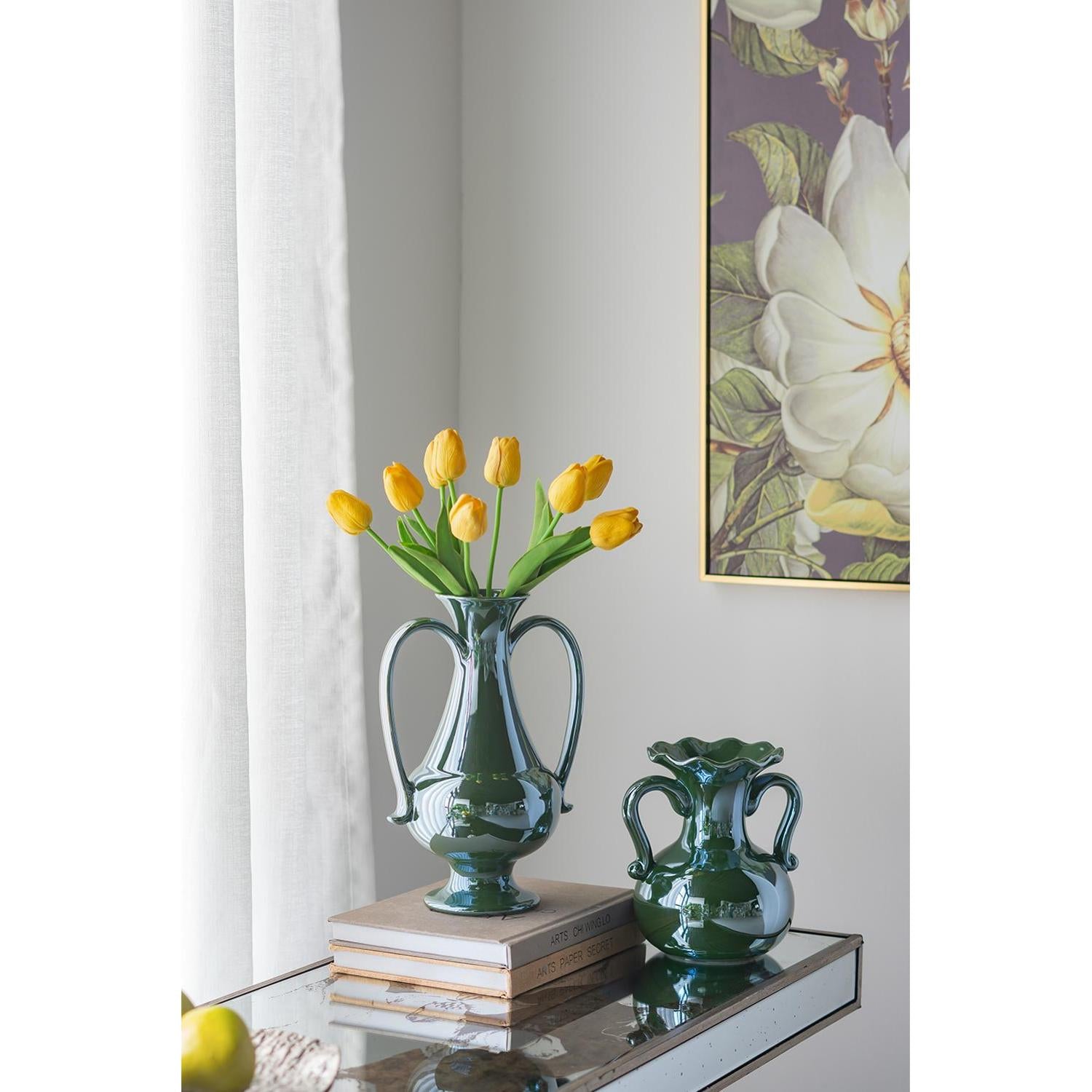 green ceramic amphora table vase, ceramic amphora table vase, amphora table vase, hunter green ceramic amphora table, ceramic amphora table