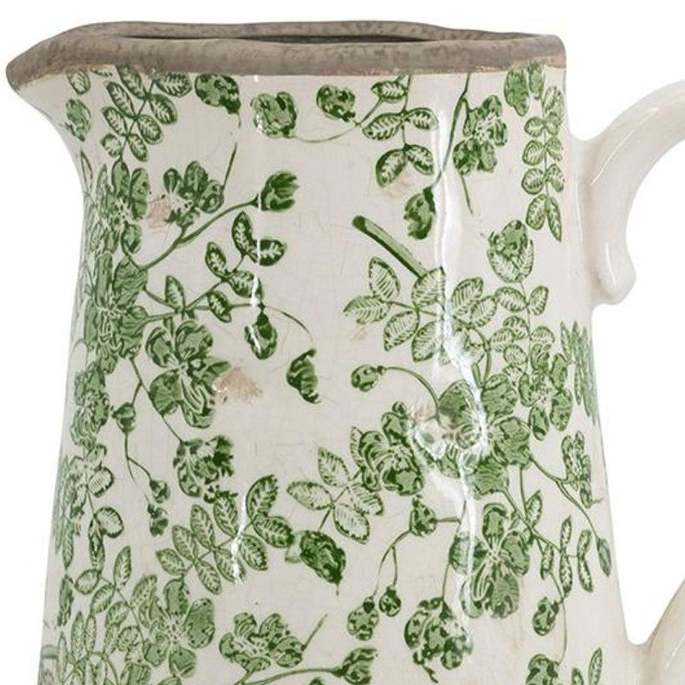 CALABASAS 9" GREEN AND WHITE LEAF CERAMIC ROUND JUG VASE - Varnish & Vibe