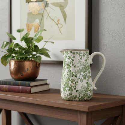 CALABASAS 9" GREEN AND WHITE LEAF CERAMIC ROUND JUG VASE - Varnish & Vibe