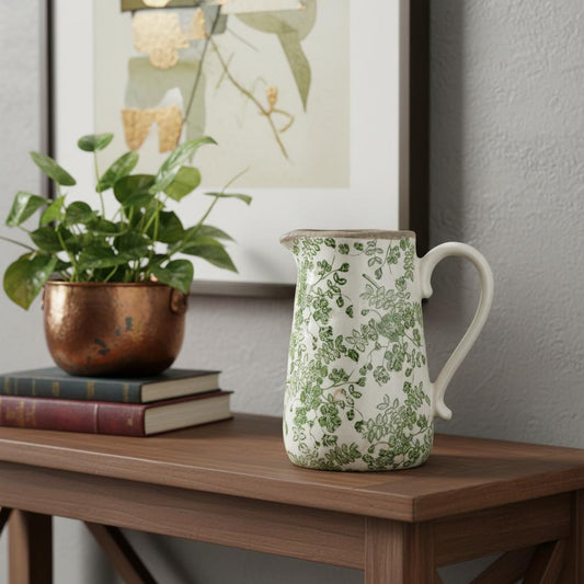 CALABASAS 9" GREEN AND WHITE LEAF CERAMIC ROUND JUG VASE - Varnish & Vibe