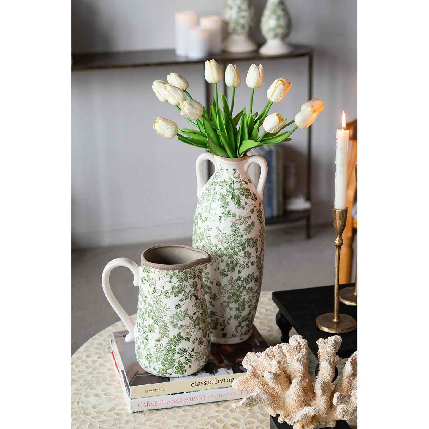 leaf ceramic round jug vase, ceramic round jug vase, round jug vase, white leaf ceramic round jug, ceramic round jug