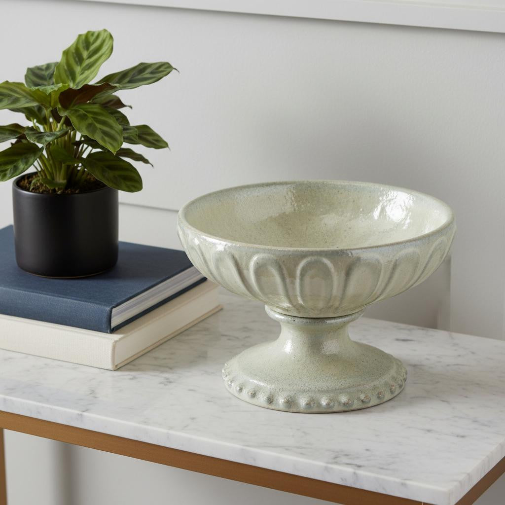 CALABASAS 10" GRAY CERAMIC ROUND PEDESTAL CENTERPIECE BOWL