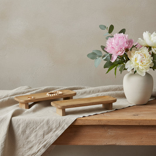 SET OF TWO NATURAL SOLID WOOD RISER TRINKET TRAY