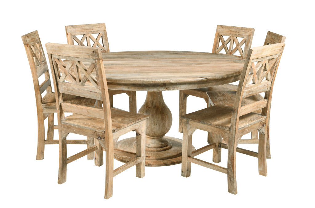 CALABASAS SEVEN PIECE NATURAL ROUND SOLID WOOD DINING SET WITH SIX CHAIRS - Varnish & Vibe