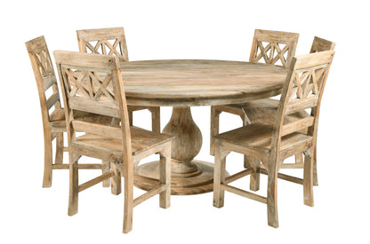 CALABASAS SEVEN PIECE NATURAL ROUND SOLID WOOD DINING SET WITH SIX CHAIRS - Varnish & Vibe