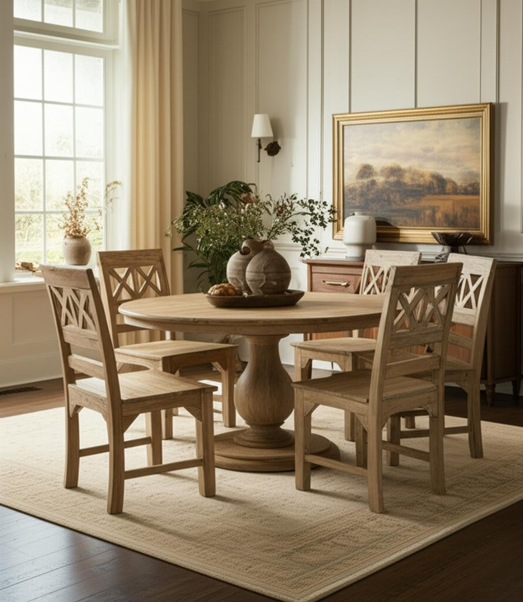 CALABASAS SEVEN PIECE NATURAL ROUND SOLID WOOD DINING SET WITH SIX CHAIRS - Varnish & Vibe