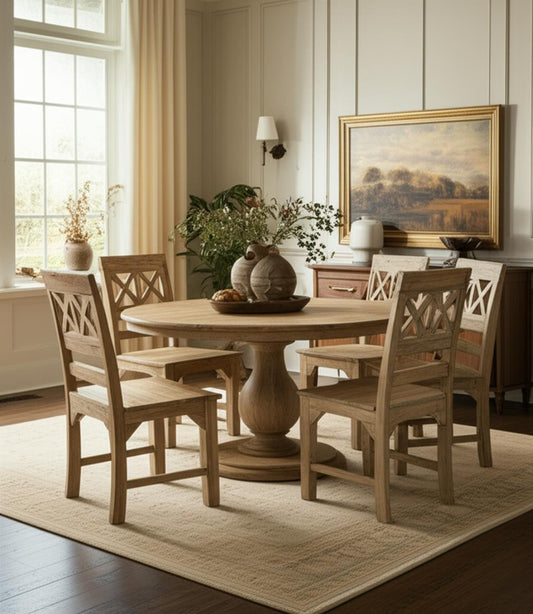 CALABASAS SEVEN PIECE NATURAL ROUND SOLID WOOD DINING SET WITH SIX CHAIRS - Varnish & Vibe