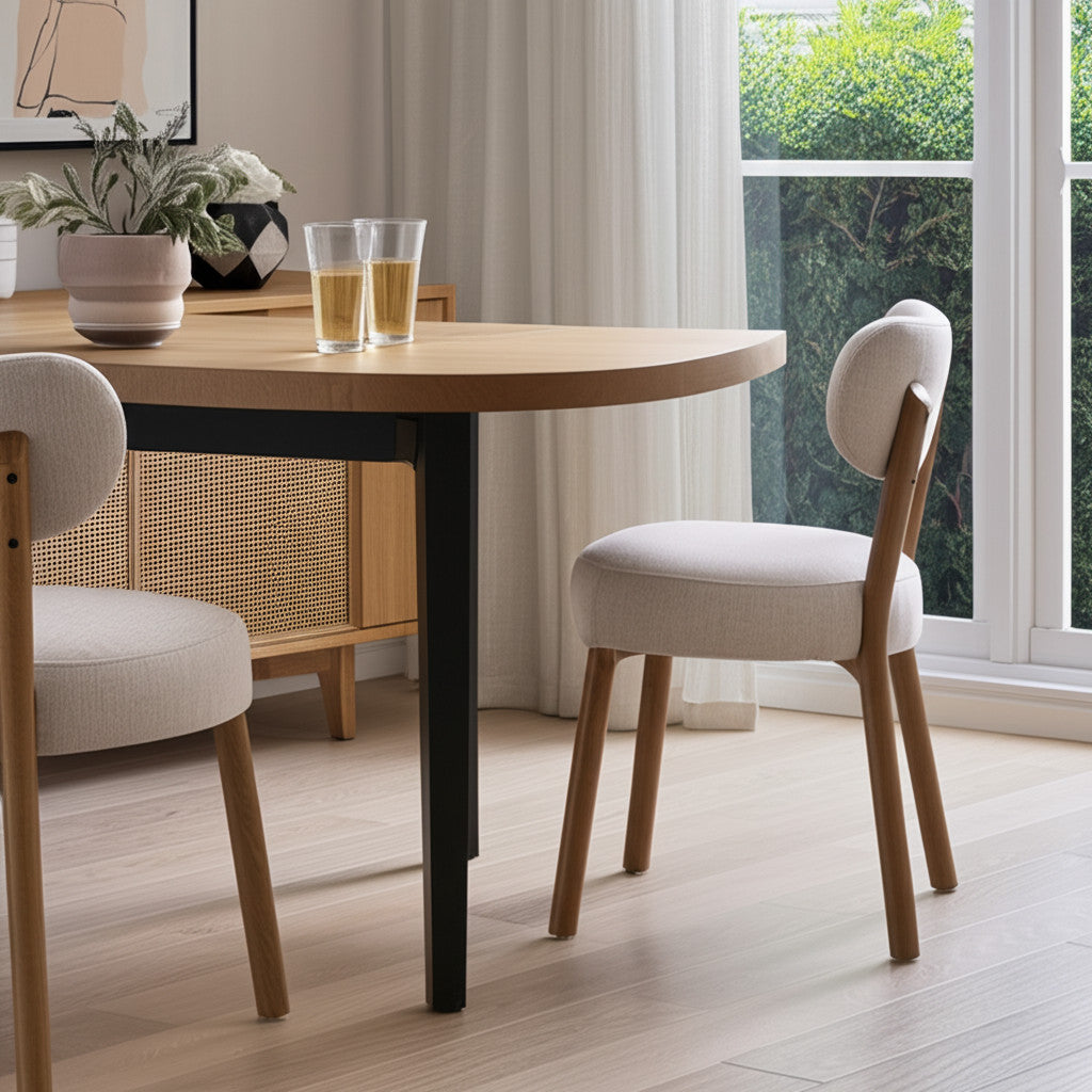 PALISADES SET OF TWO BEIGE AND BROWN FABRIC OPEN BACK DINING SIDE CHAIRS - Varnish & Vibe