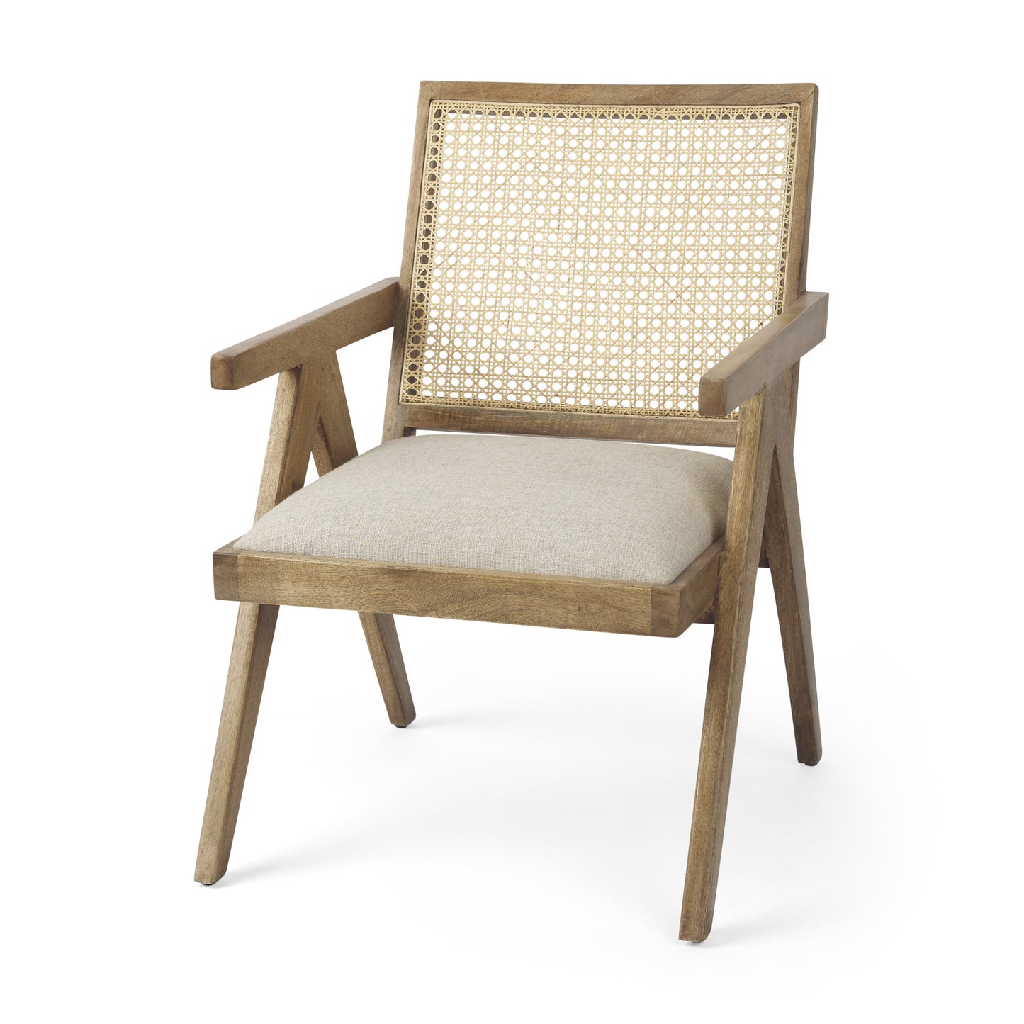 22" BEIGE AND NATURAL LINEN AND SOLID WOOD ARM CHAIR - Varnish & Vibe