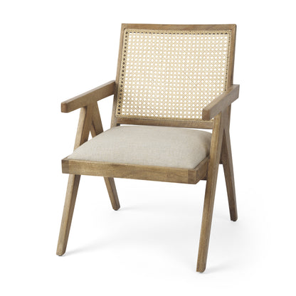 22" BEIGE AND NATURAL LINEN AND SOLID WOOD ARM CHAIR - Varnish & Vibe