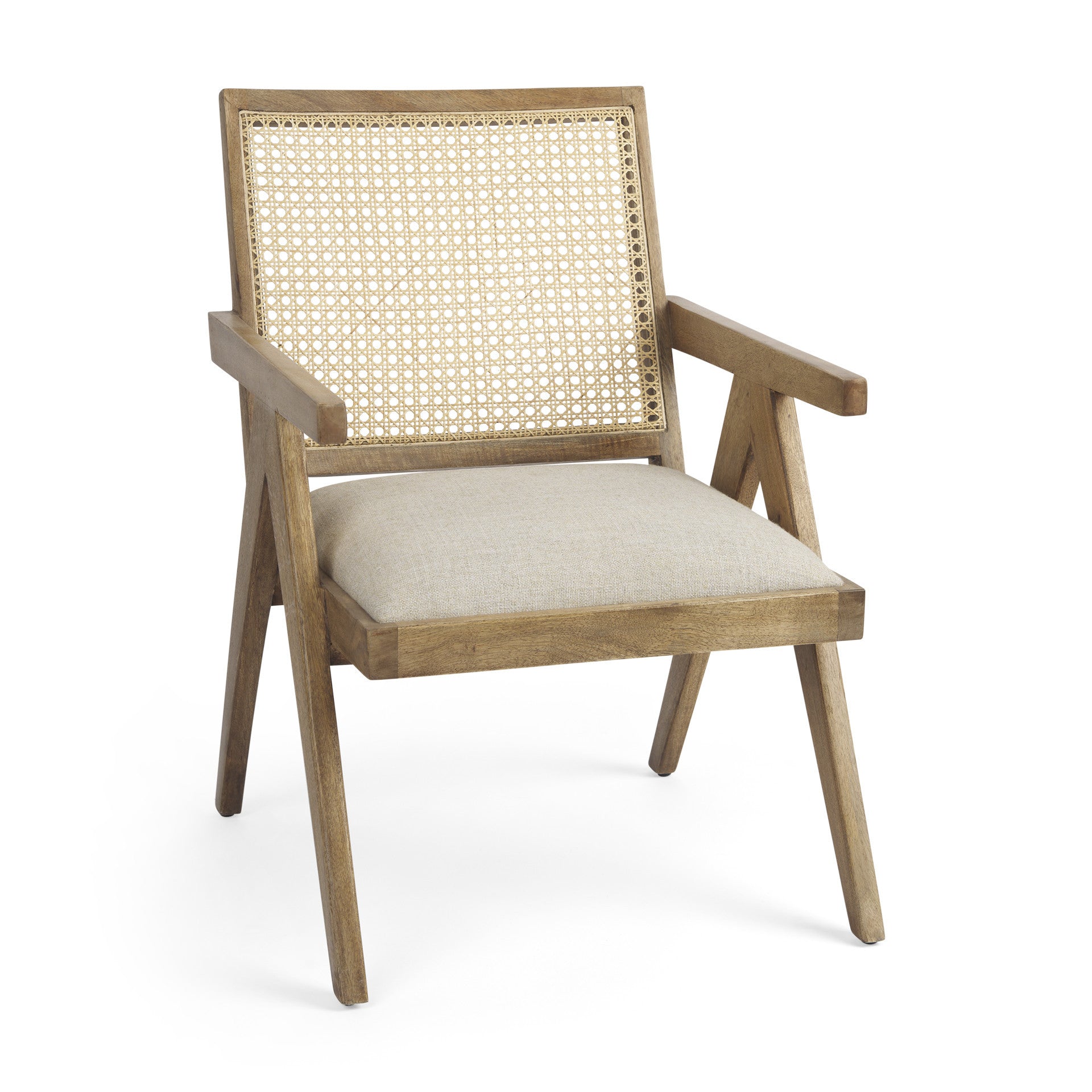 22" BEIGE AND NATURAL LINEN AND SOLID WOOD ARM CHAIR - Varnish & Vibe