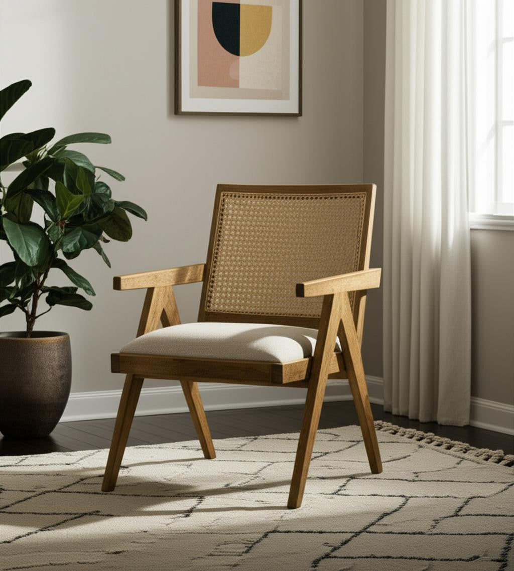 22" BEIGE AND NATURAL LINEN AND SOLID WOOD ARM CHAIR - Varnish & Vibe
