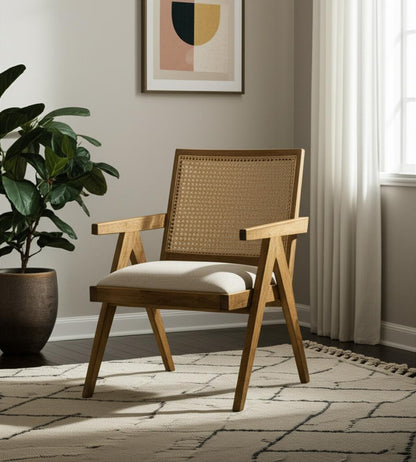 22" BEIGE AND NATURAL LINEN AND SOLID WOOD ARM CHAIR - Varnish & Vibe