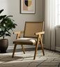 22" BEIGE AND NATURAL LINEN AND SOLID WOOD ARM CHAIR - Varnish & Vibe