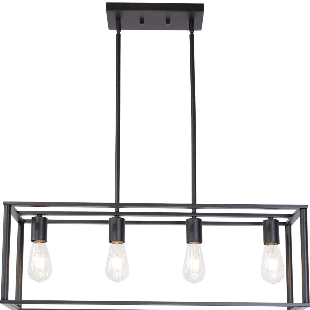 Black rectangular pendant light fixture with four hanging lights on a white background