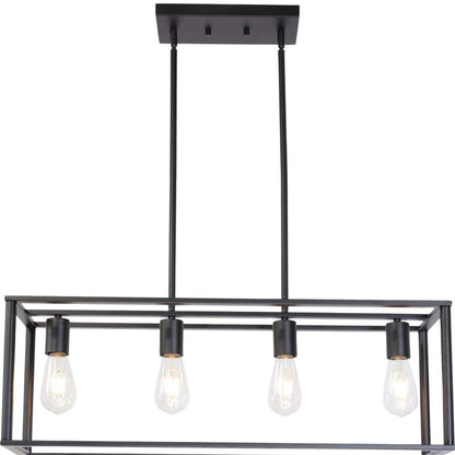 Black rectangular pendant light fixture with four hanging lights on a white background
