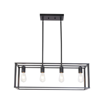 Black rectangular pendant light with four bulbs on a white background