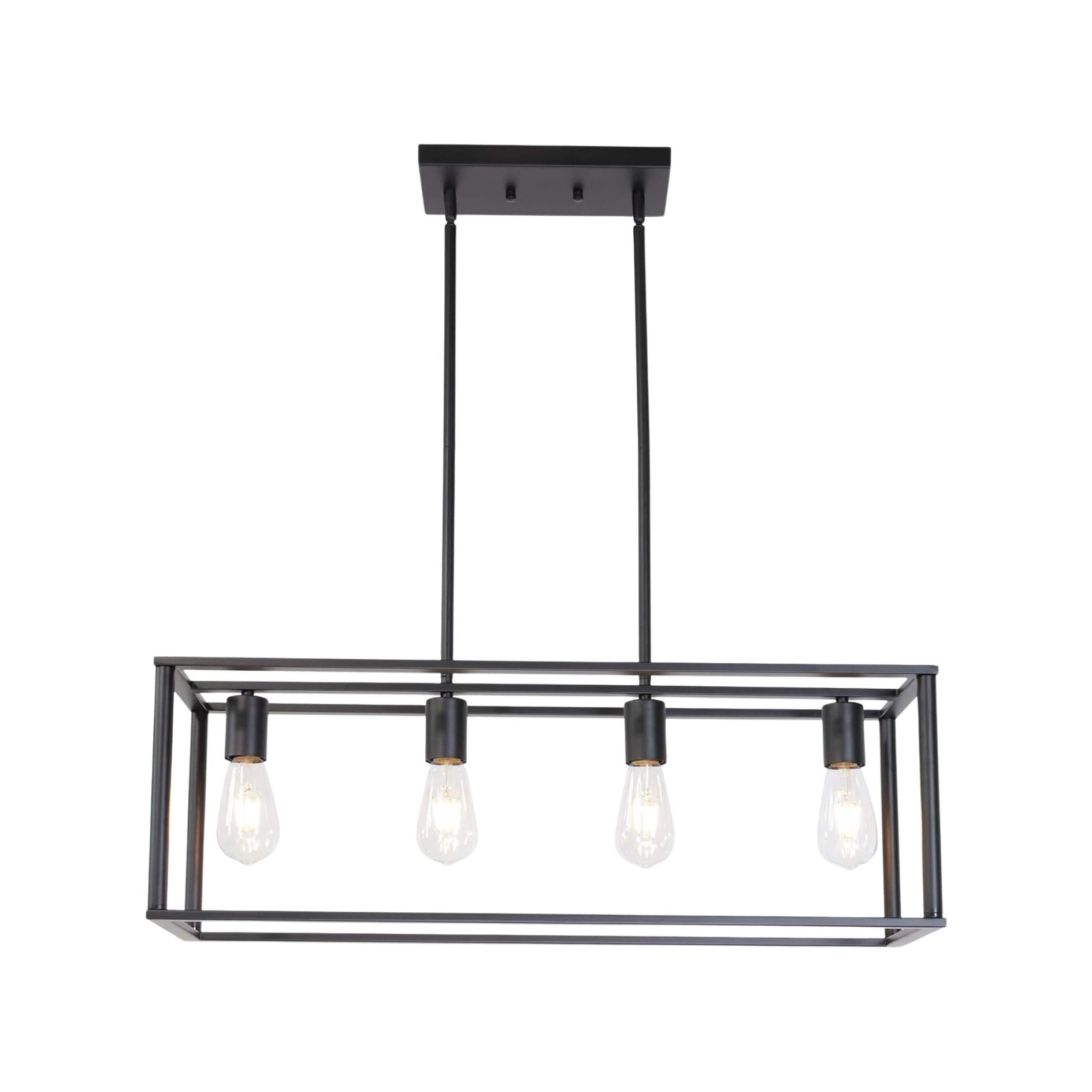 Black rectangular pendant light with four bulbs on a white background