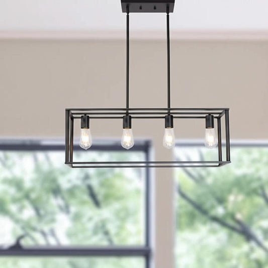 Modern black chandelier with four light bulbs hanging in a room with large windows.