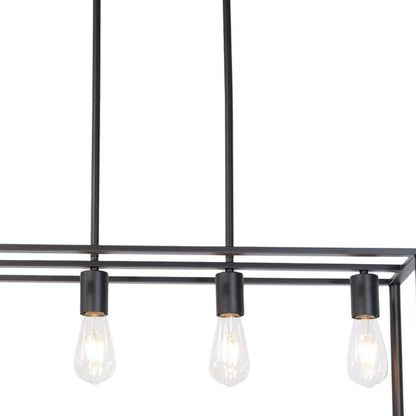 Modern black pendant light fixture with three exposed light bulbs on a white background