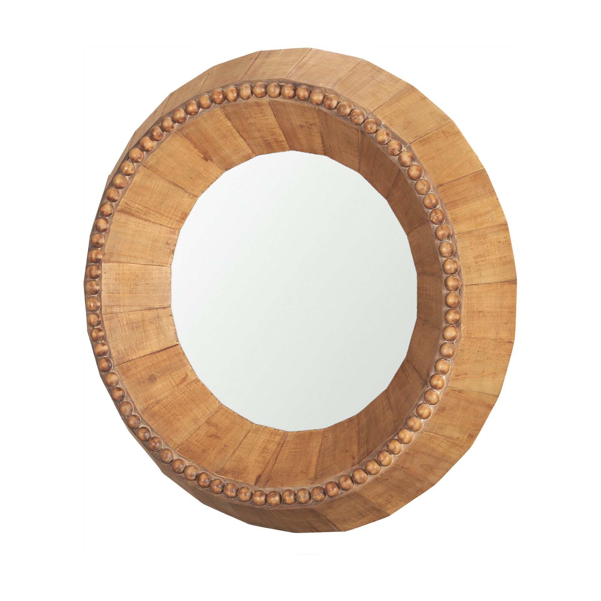 MALIBU 30" BROWN SOLID WOOD FACETED AND BEADED ROUND FRAMED ACCENT MIRROR - Varnish & Vibe