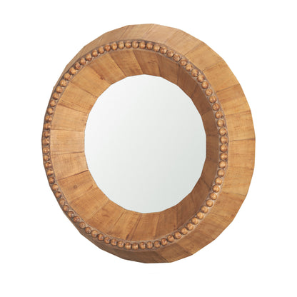 MALIBU 30" BROWN SOLID WOOD FACETED AND BEADED ROUND FRAMED ACCENT MIRROR - Varnish & Vibe