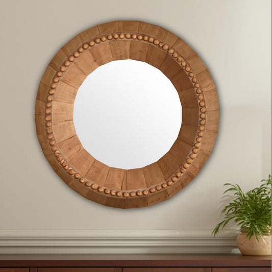 MALIBU 30" BROWN SOLID WOOD FACETED AND BEADED ROUND FRAMED ACCENT MIRROR - Varnish & Vibe