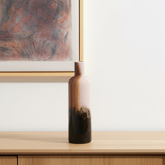 LAUREL 11" AMBER CREAM AND DARK BROWN ABSTRACT GLASS TABLE VASE
