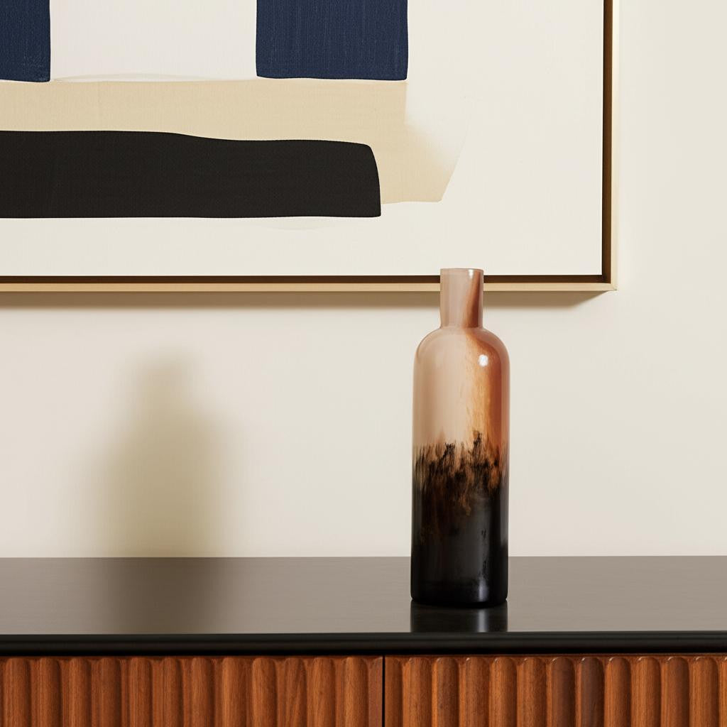 LAUREL 11" AMBER CREAM AND DARK BROWN ABSTRACT GLASS TABLE VASE