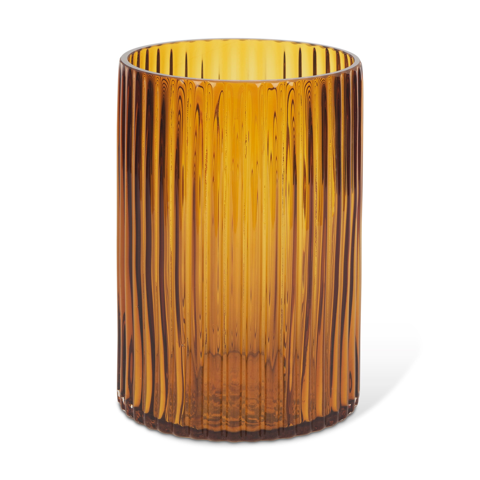 Side angle of the 8-inch ribbed amber glass table vase