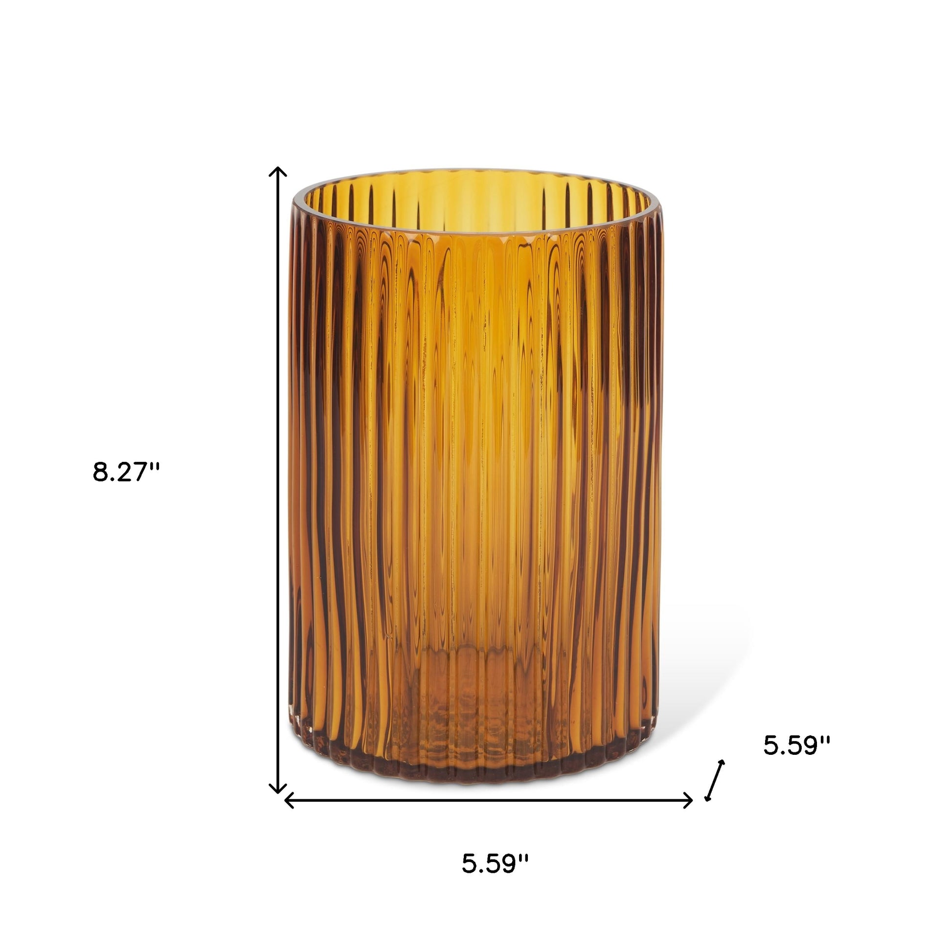Side angle of the 8-inch ribbed amber glass table vase, with measures