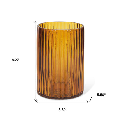 Side angle of the 8-inch ribbed amber glass table vase, with measures