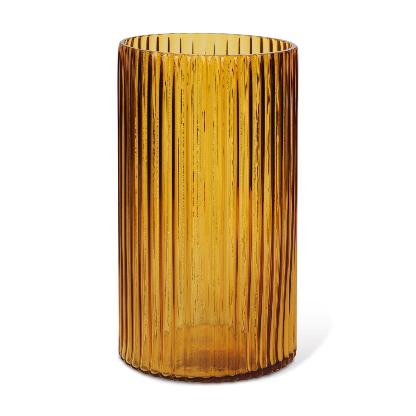 Front view of the 11-inch ribbed amber glass table vase