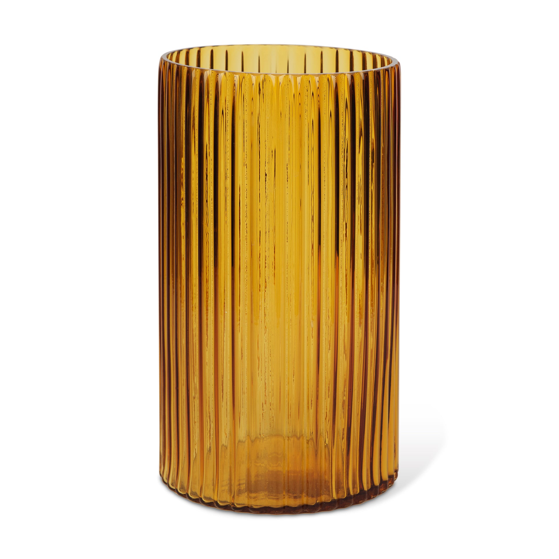 Front view of the 11-inch ribbed amber glass table vase