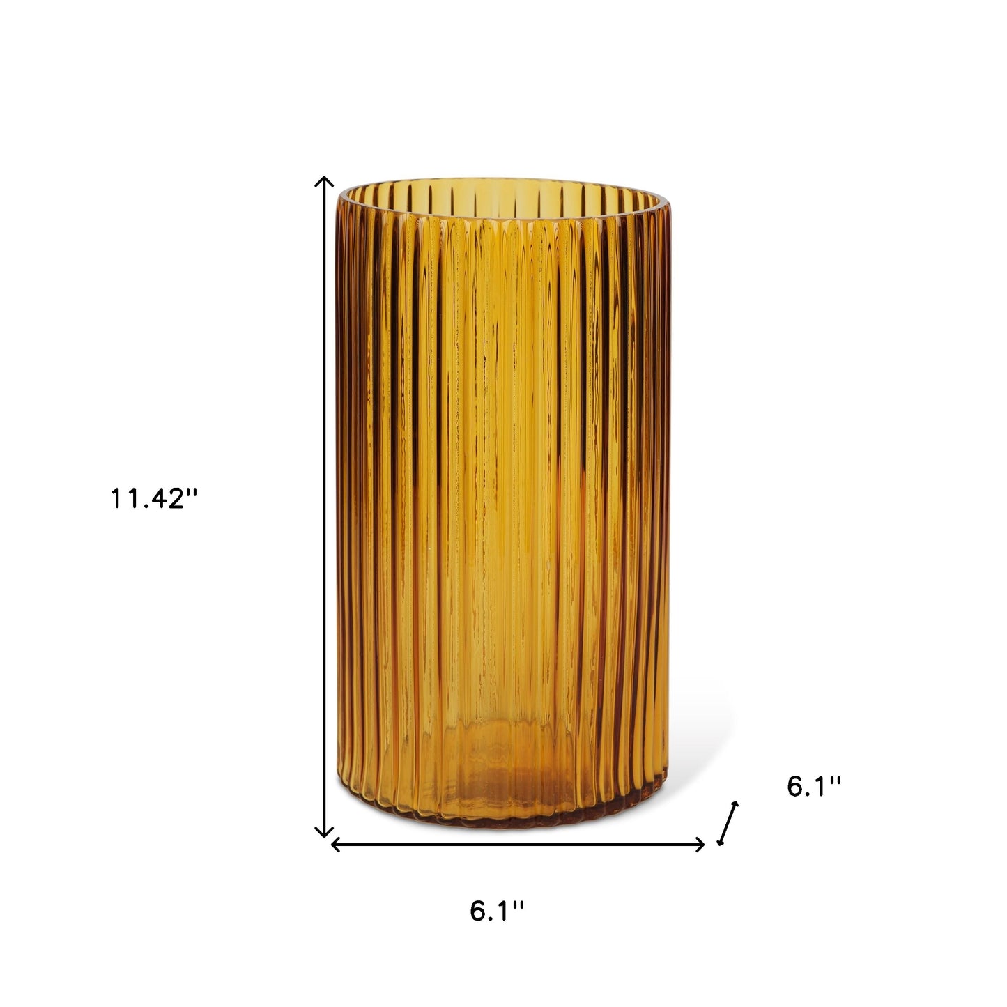 Ribbed amber glass cylinder vase from the Palisades fall collection, with measures