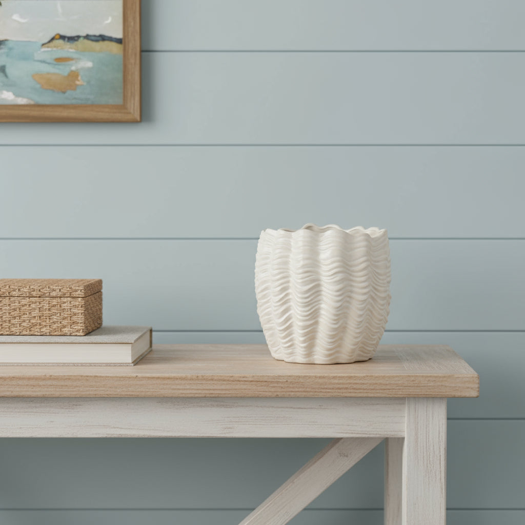 11" CREAM CERAMIC SCULPTURAL WAVES TABLE VASE