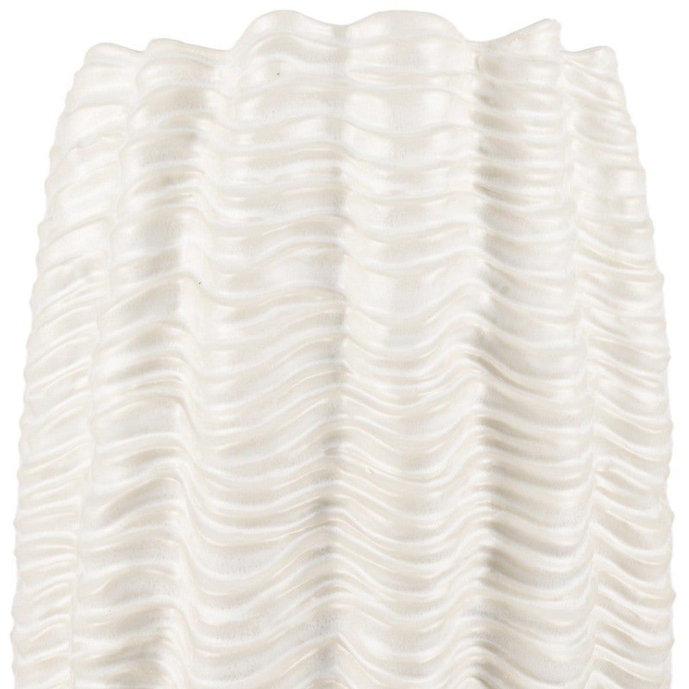 24" CREAM CYLINDER CERAMIC SCULPTURAL WAVES TABLE VASE
